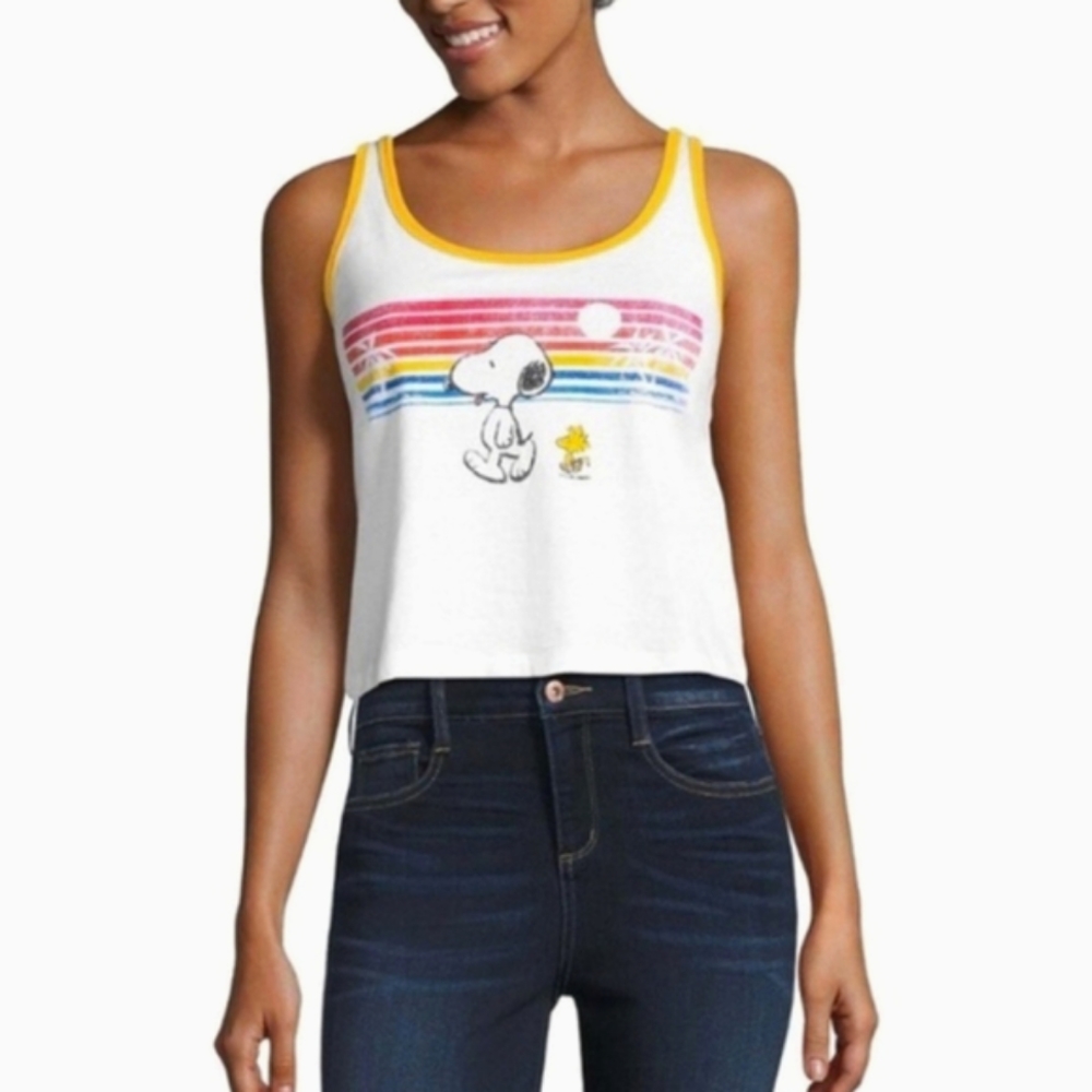 Peanuts Retro Snoopy Woodstock Cropped Tank Top Tee White Yellow XXL